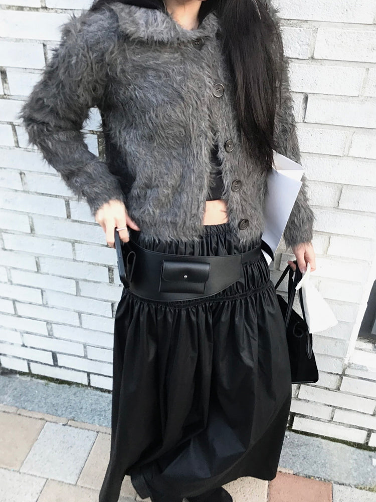 混色翻領排鈕毛絨外套