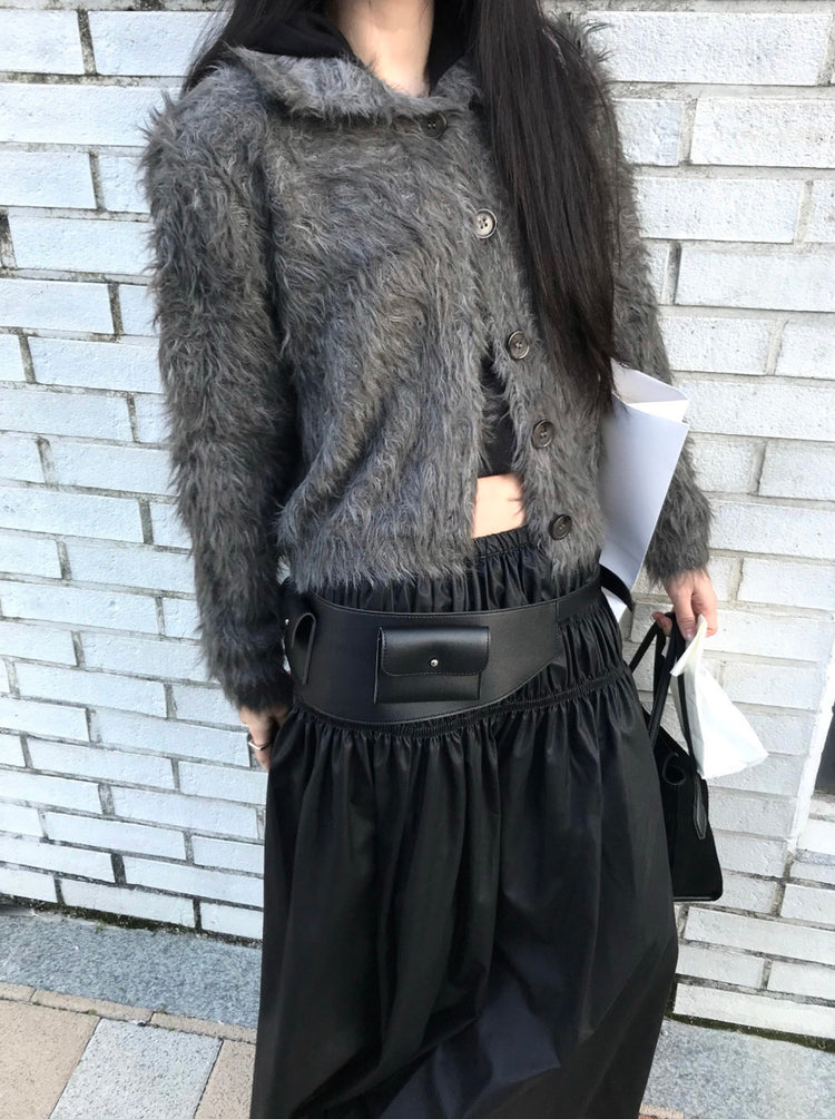 混色翻領排鈕毛絨外套