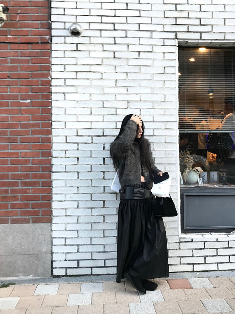 混色翻領排鈕毛絨外套