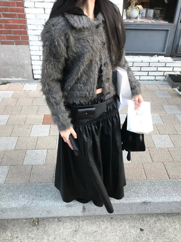 混色翻領排鈕毛絨外套