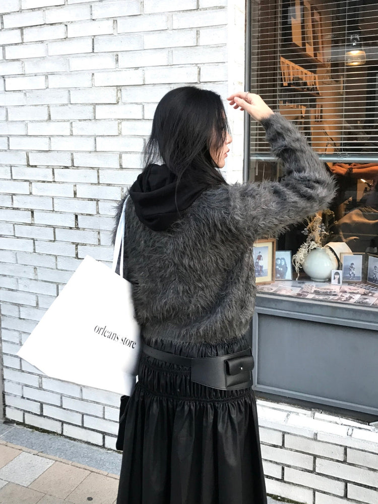 混色翻領排鈕毛絨外套