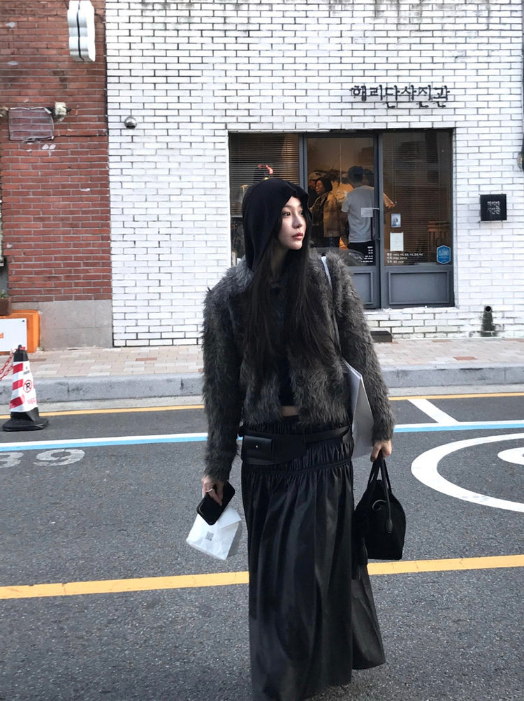 混色翻領排鈕毛絨外套