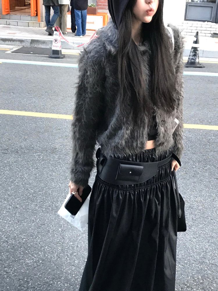 混色翻領排鈕毛絨外套