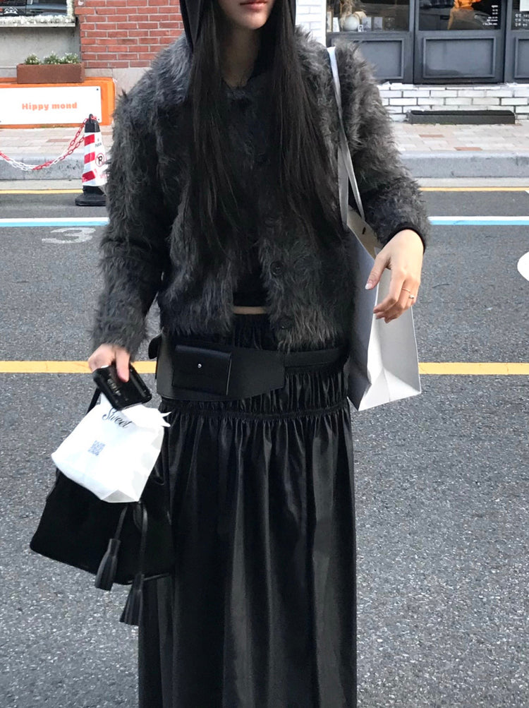 混色翻領排鈕毛絨外套