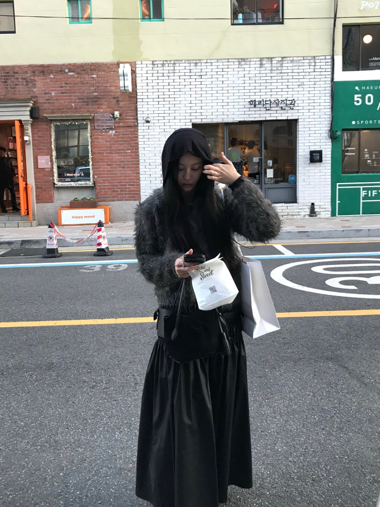 混色翻領排鈕毛絨外套