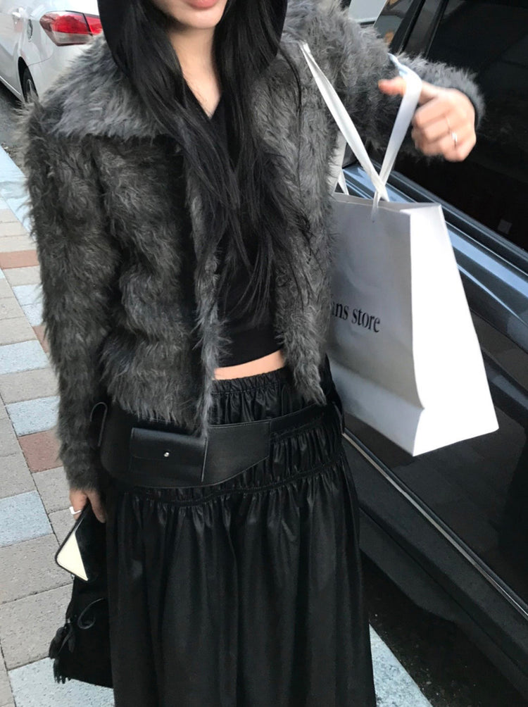 混色翻領排鈕毛絨外套