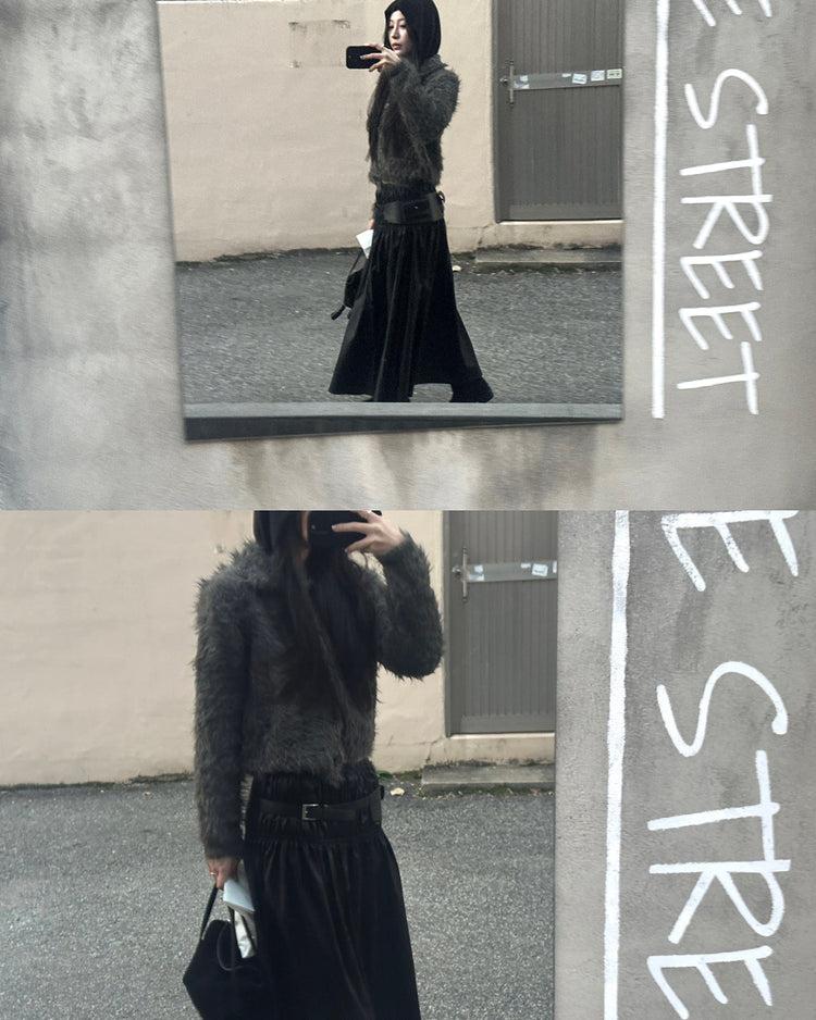 混色翻領排鈕毛絨外套