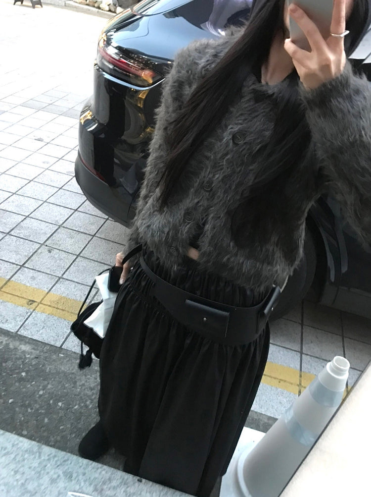 混色翻領排鈕毛絨外套