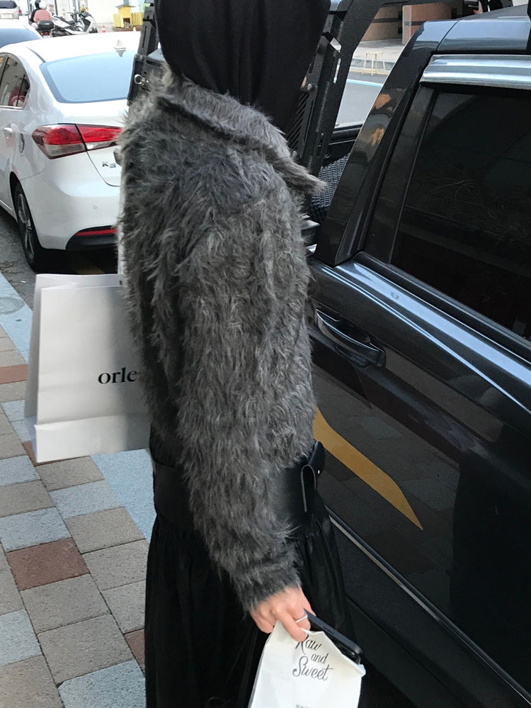 混色翻領排鈕毛絨外套