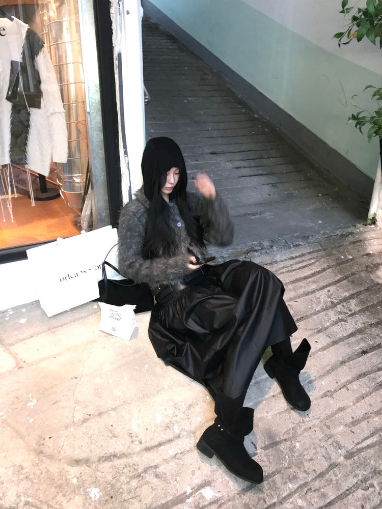 混色翻領排鈕毛絨外套