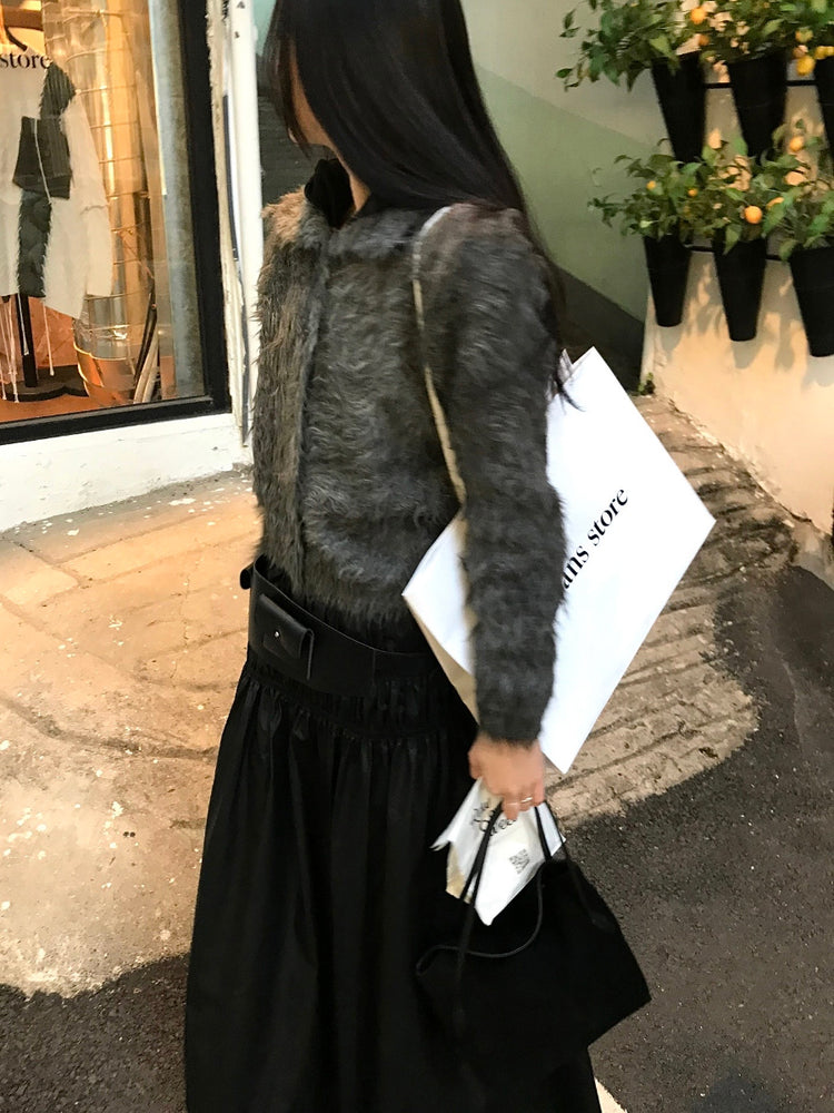 混色翻領排鈕毛絨外套