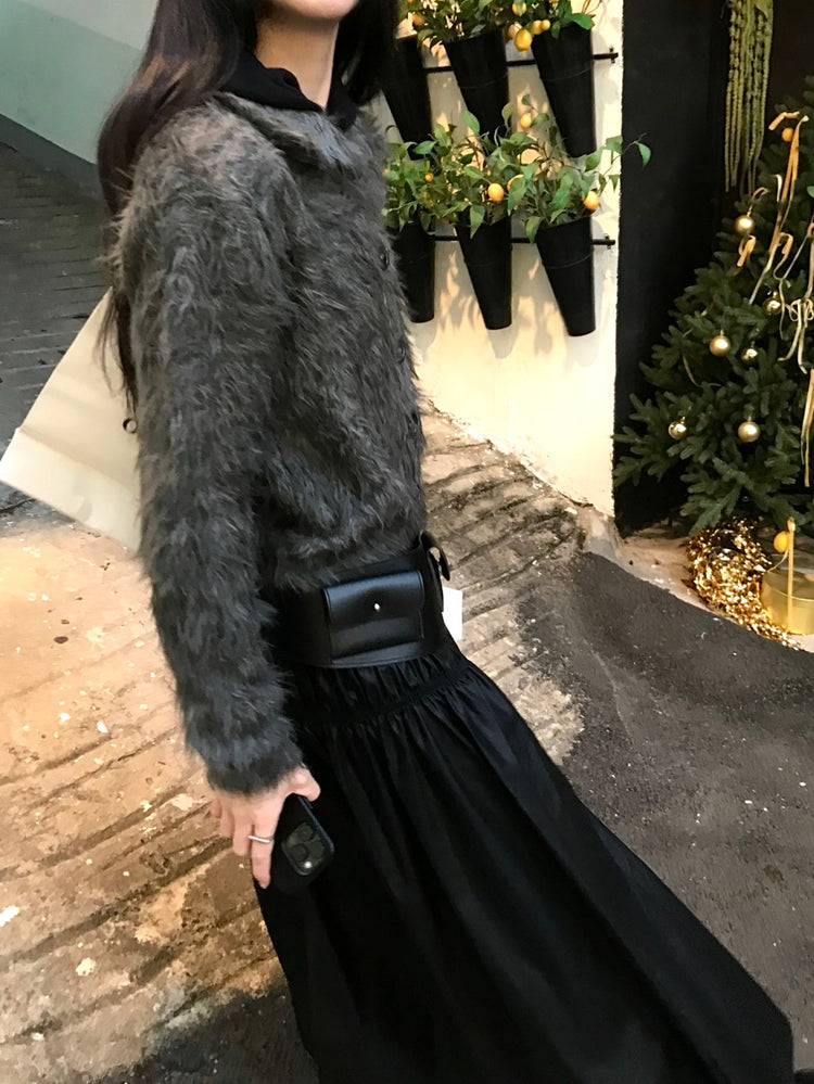 混色翻領排鈕毛絨外套