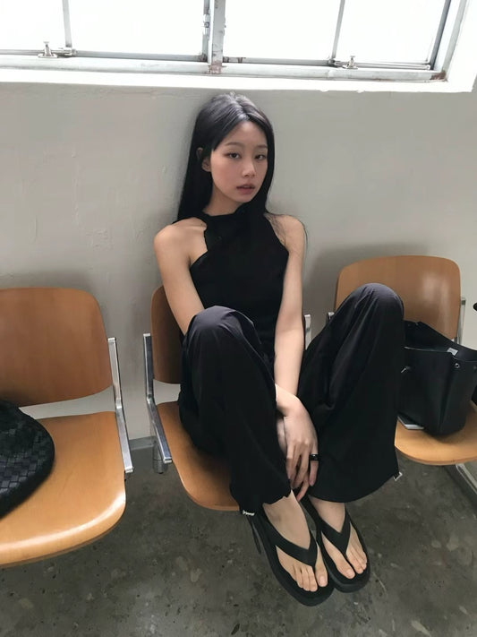 微透美肩綁帶細節背心