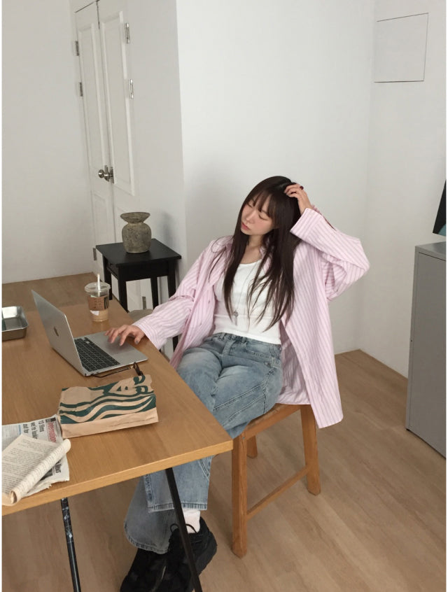 美色條紋寬鬆基礎襯衫