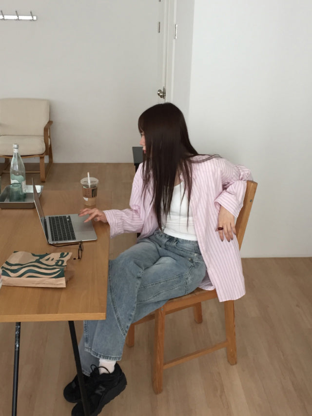 美色條紋寬鬆基礎襯衫