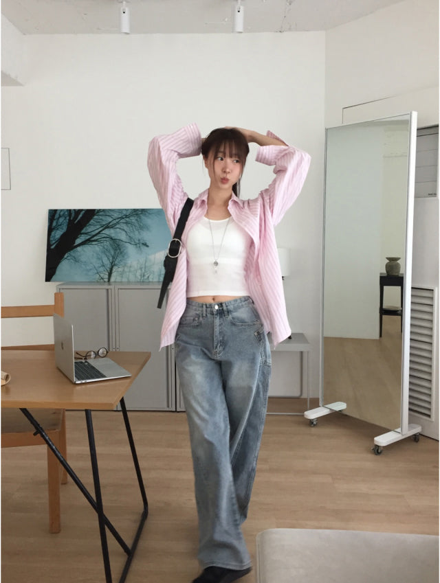 美色條紋寬鬆基礎襯衫