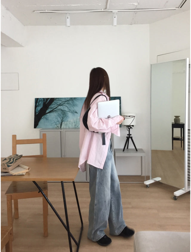 美色條紋寬鬆基礎襯衫