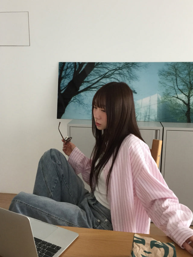 美色條紋寬鬆基礎襯衫