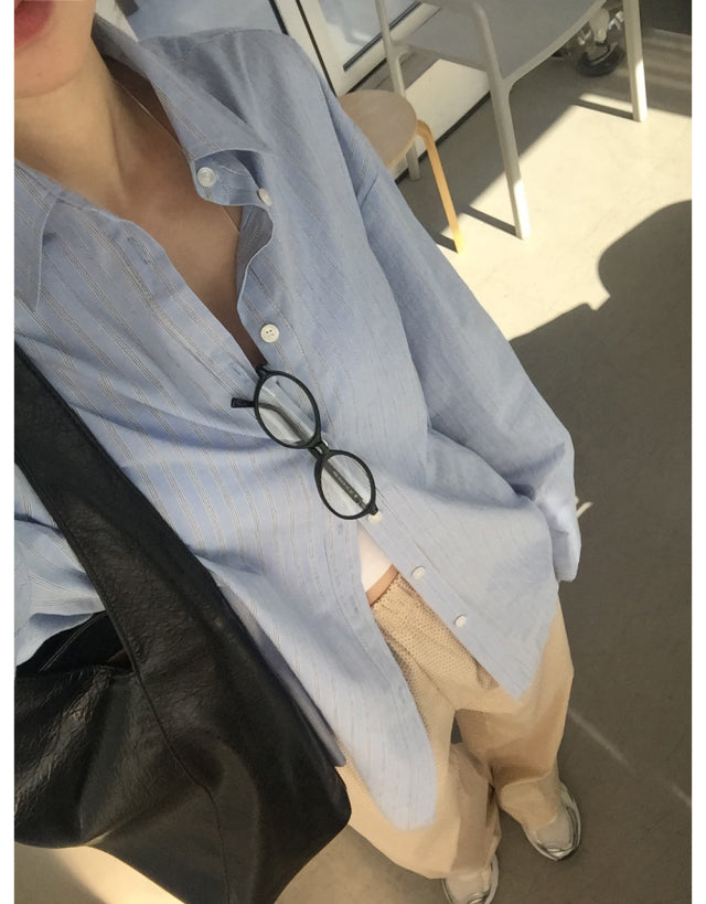 美色條紋寬鬆基礎襯衫