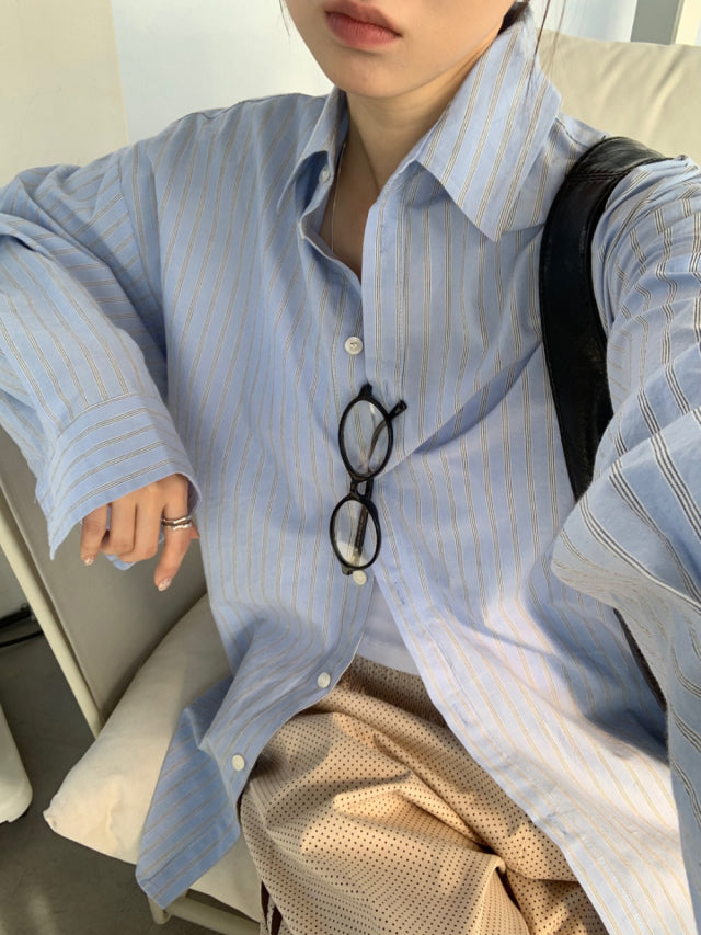 美色條紋寬鬆基礎襯衫