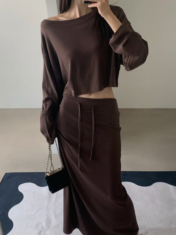 美肩船領短版美臀直裙套裝