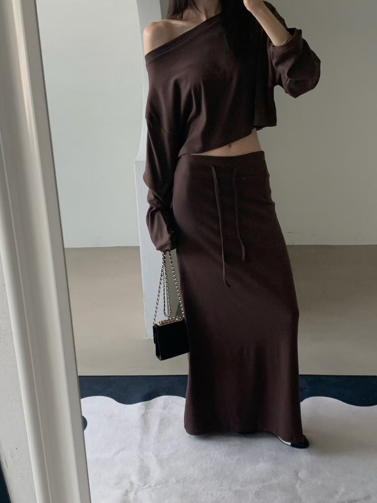 美肩船領短版美臀直裙套裝