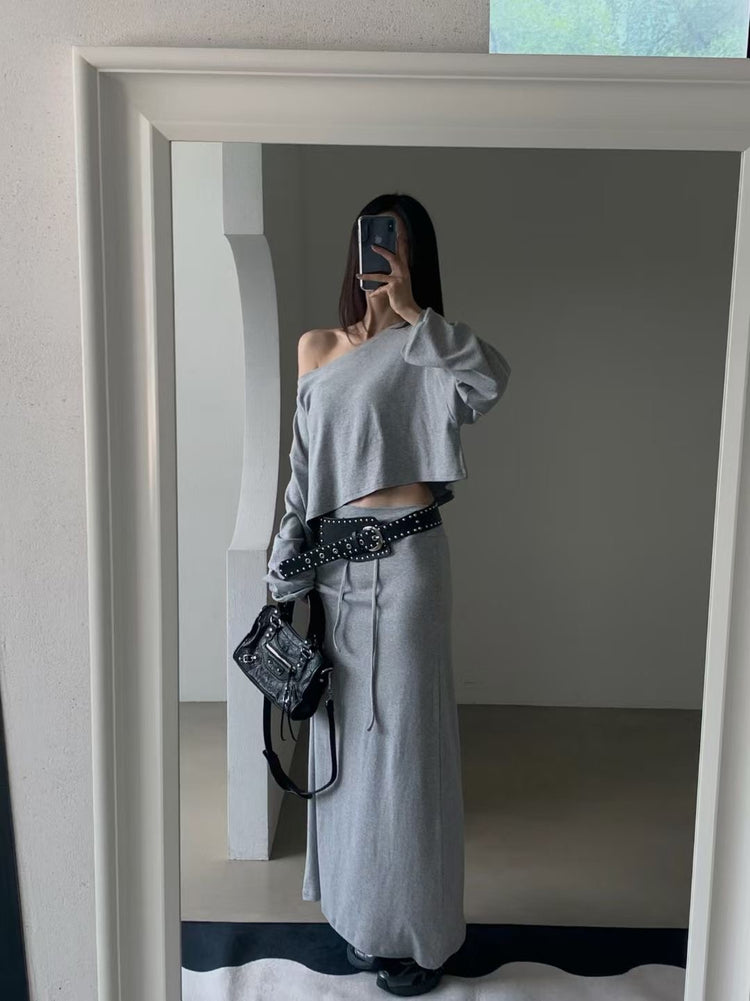 美肩船領短版美臀直裙套裝