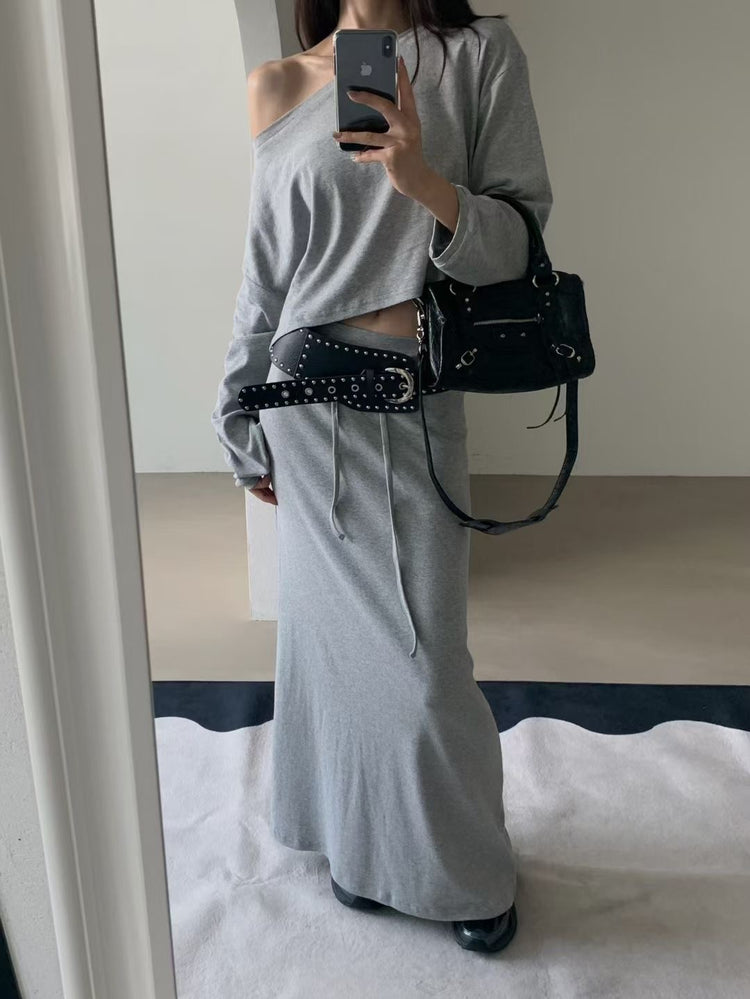 美肩船領短版美臀直裙套裝