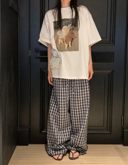 復古格紋休閒直褲