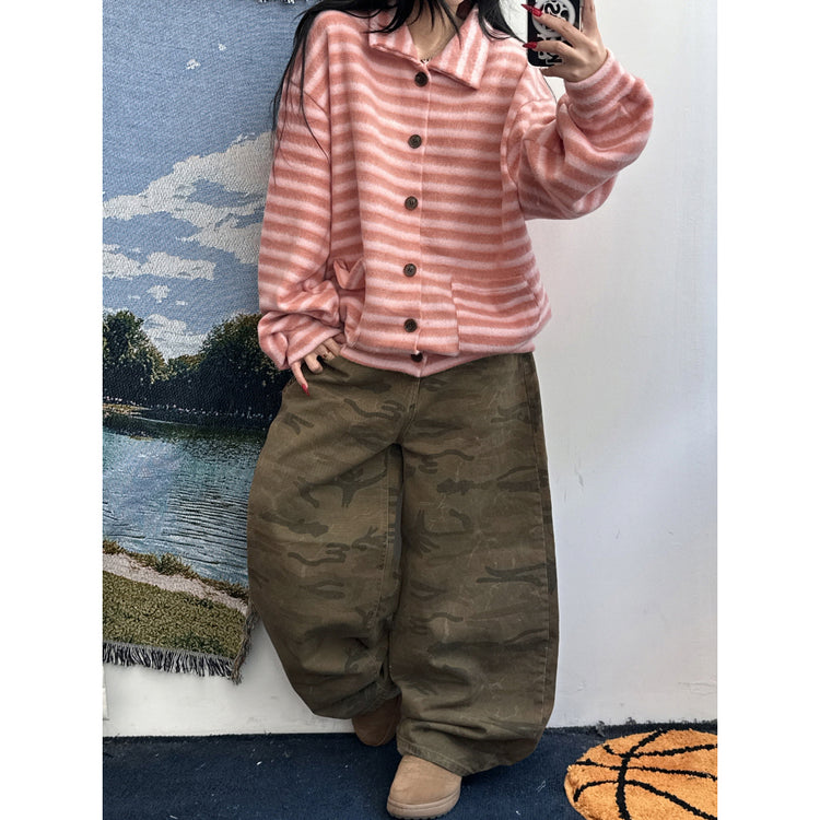 翻領撞色毛流感排鈕外套