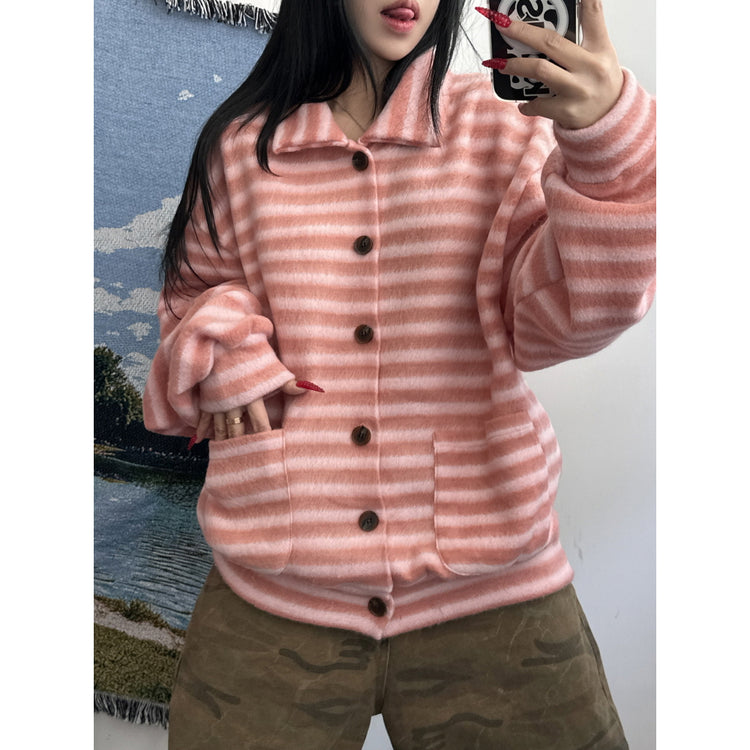 翻領撞色毛流感排鈕外套
