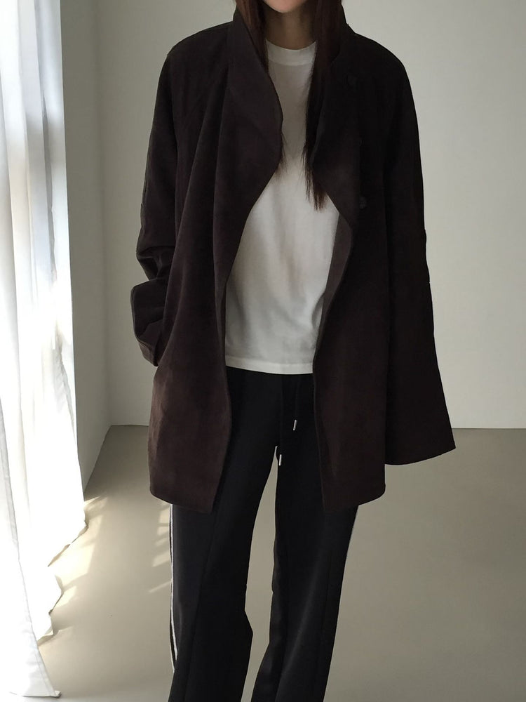 企領撞色袖口細節麂皮中長外套