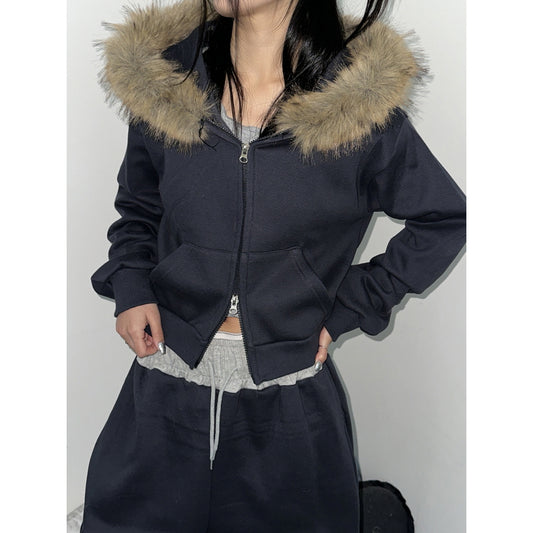 毛毛邊印花細節短連帽外套