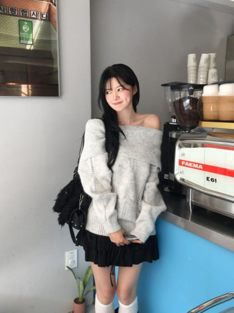 美肩紋理縷空紋理細節毛衣