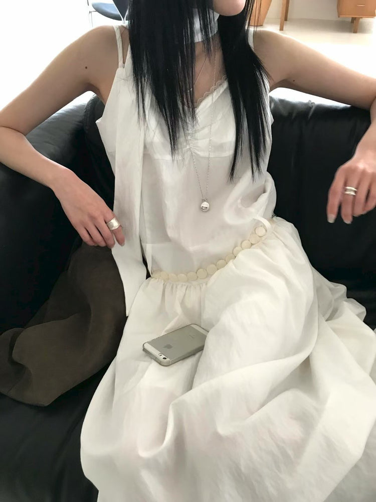 蕾絲抓皺細節綁帶連身裙