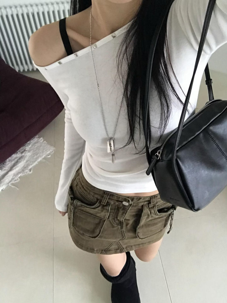 露肩鉚釘細節修身上衣
