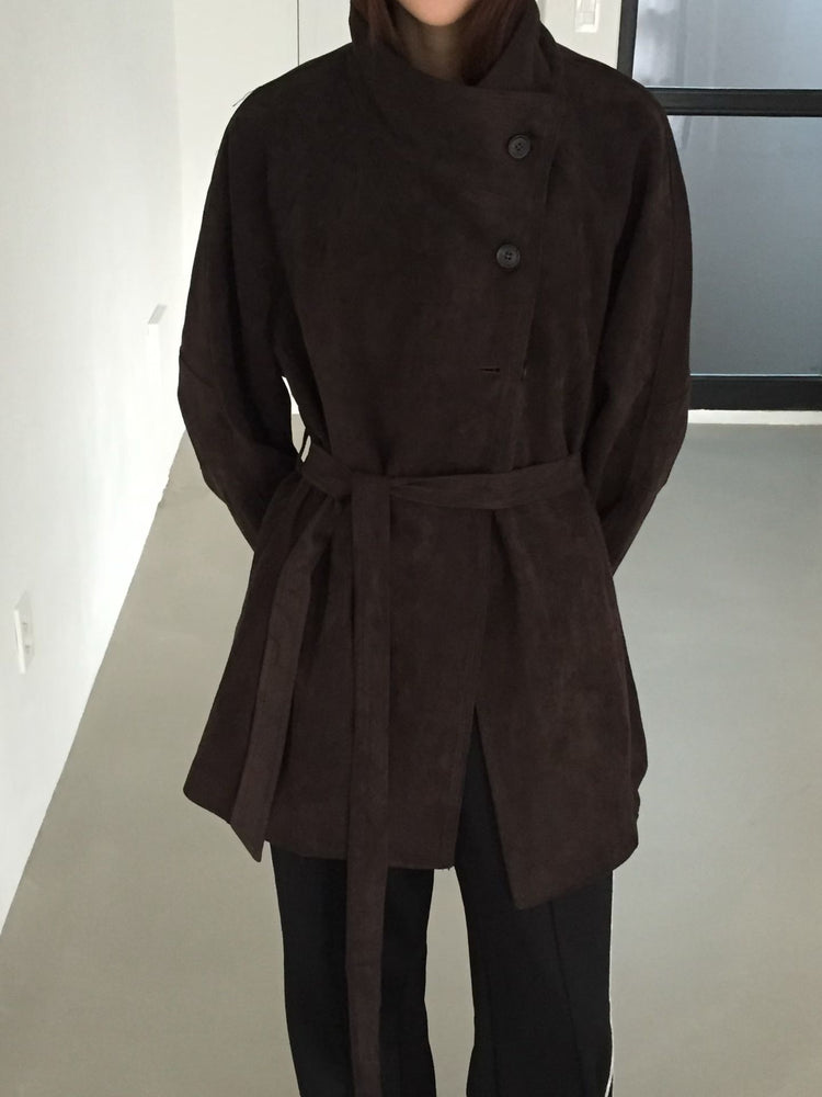 企領撞色袖口細節麂皮中長外套