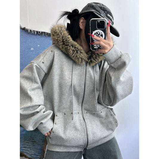 毛毛邊鉚釘細節連帽外套