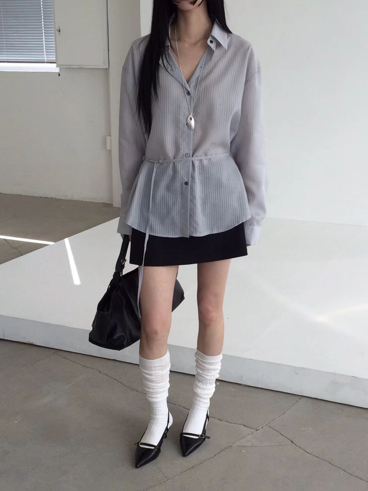 微透條紋綁帶細節襯衫