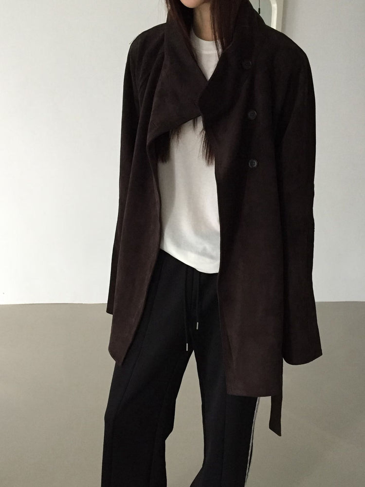 企領撞色袖口細節麂皮中長外套