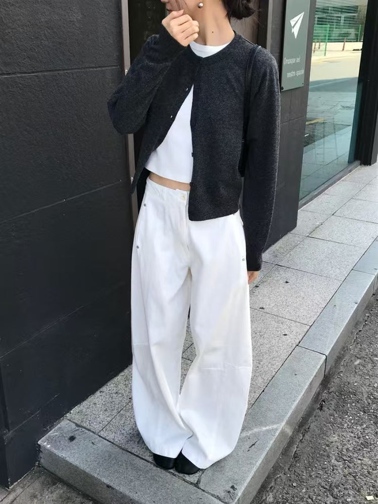 經典圓領排鈕修腰針織外套