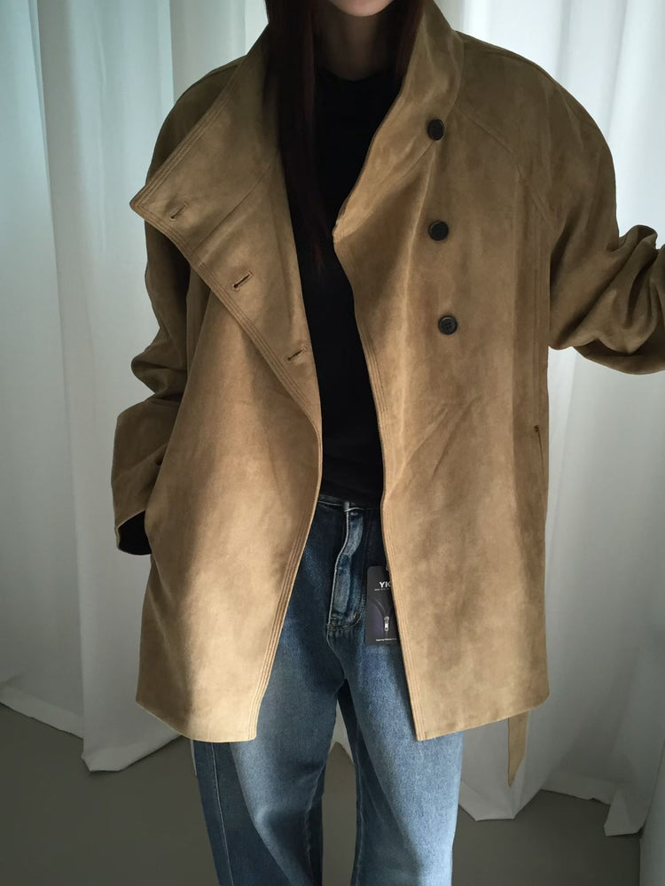 企領撞色袖口細節麂皮中長外套