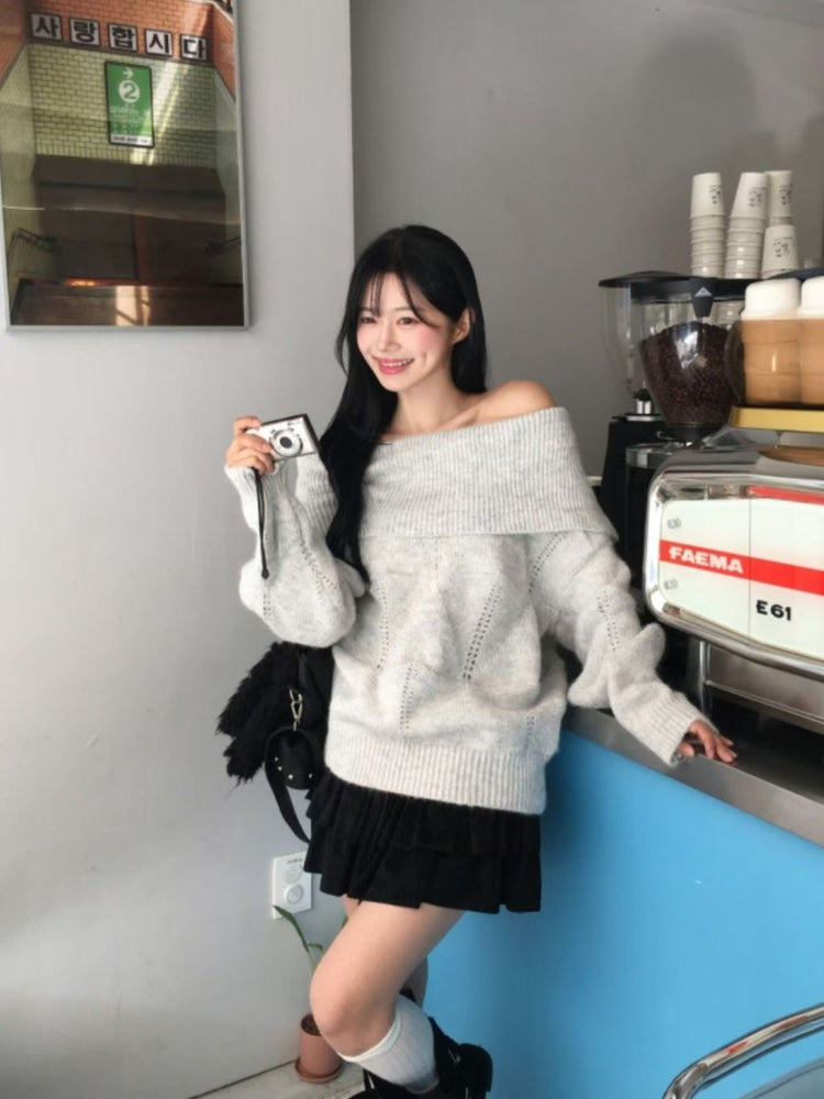 美肩紋理縷空紋理細節毛衣