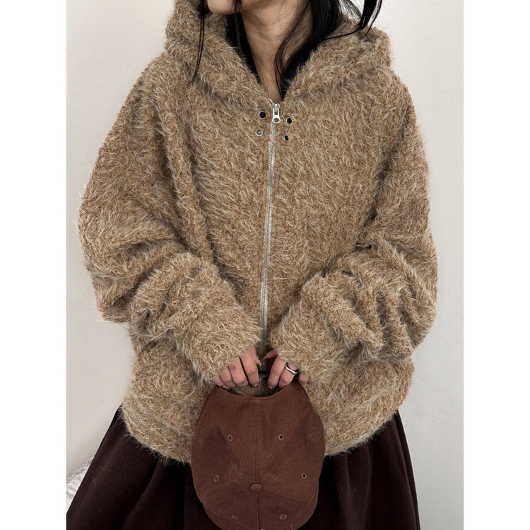 毛絨雙拉鏈鐵環細節連帽外套