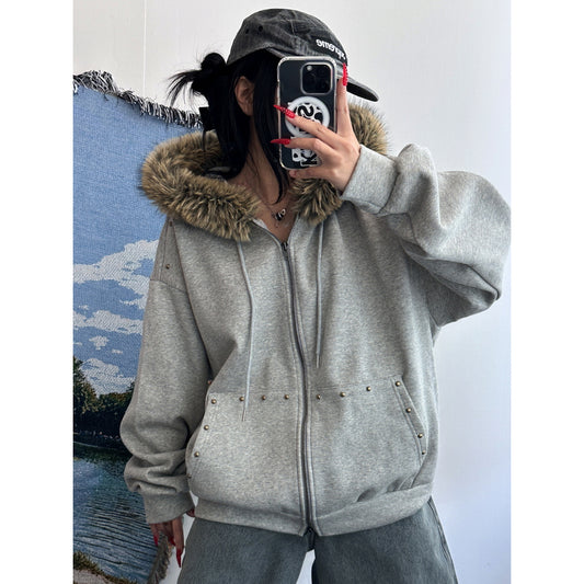 毛毛邊鉚釘細節連帽外套