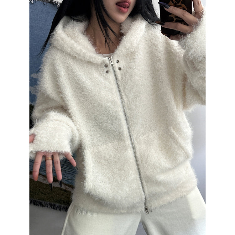 毛絨雙拉鏈鐵環細節連帽外套