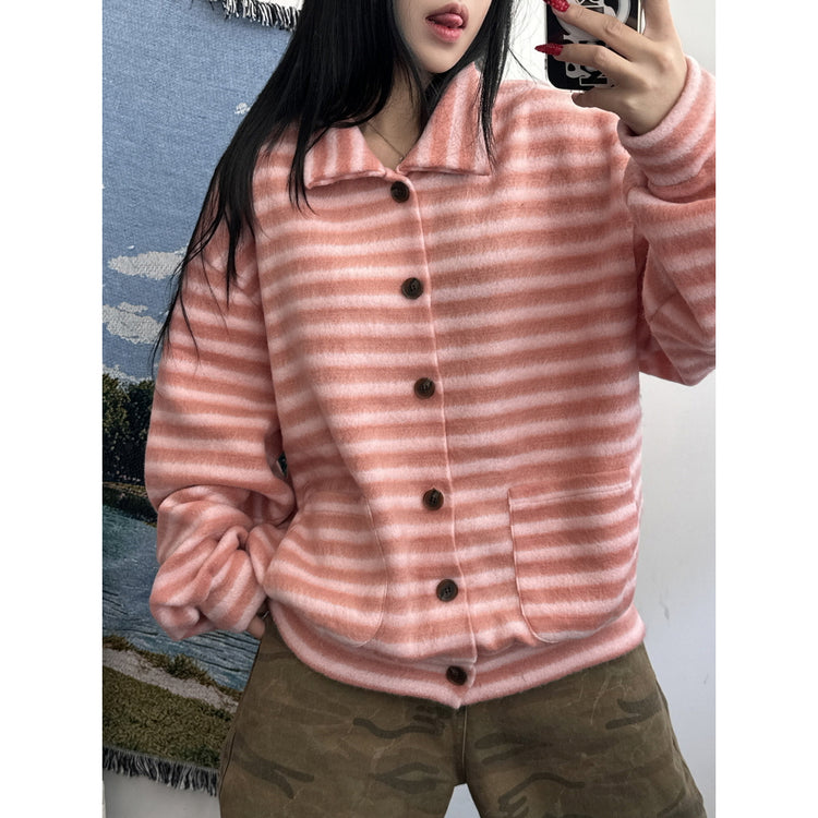 翻領撞色毛流感排鈕外套