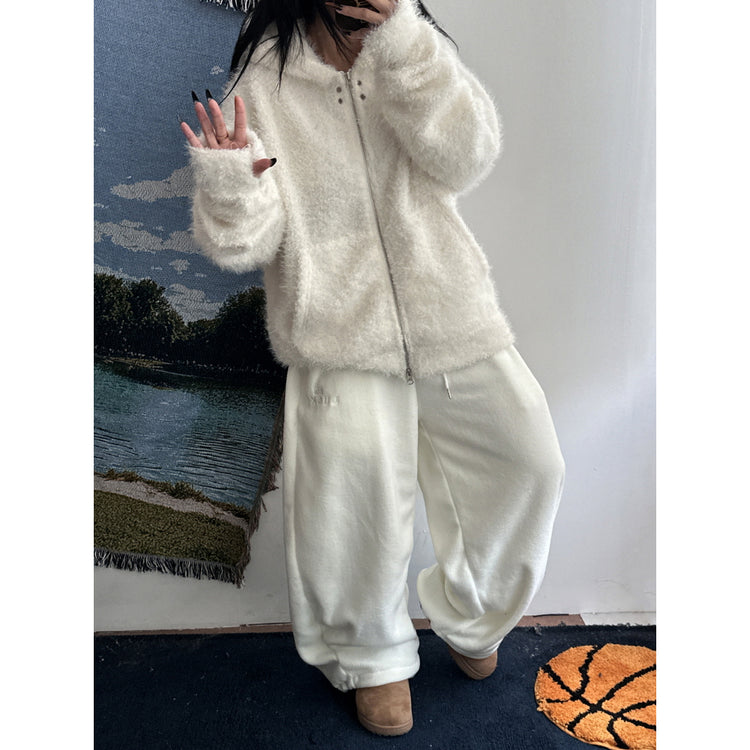 毛絨雙拉鏈鐵環細節連帽外套