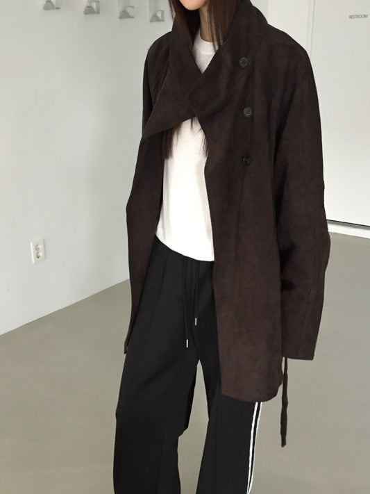 企領撞色袖口細節麂皮中長外套