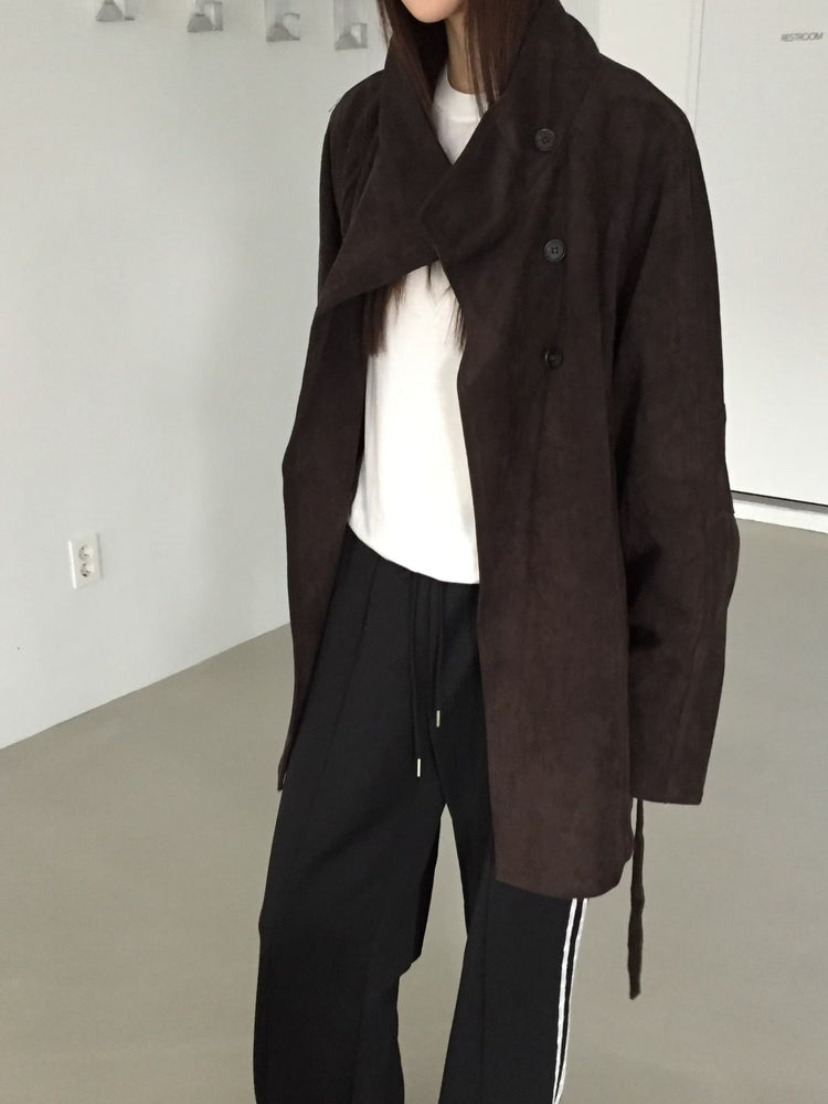 企領撞色袖口細節麂皮中長外套